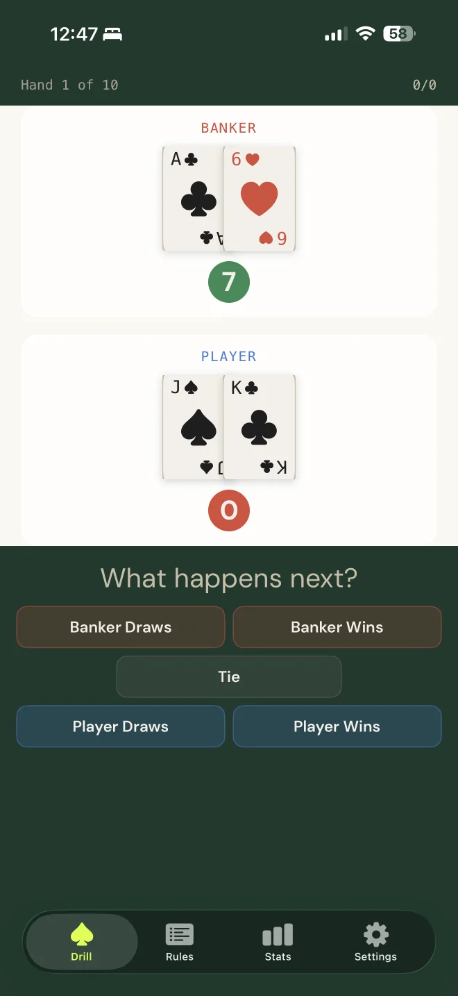 Baccarat Coach drill showing Banker 7, Player 0, and choices for the next action